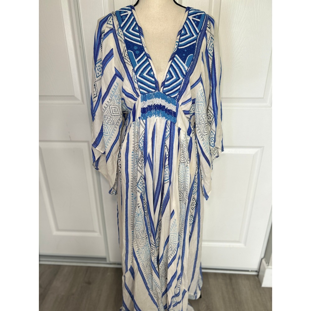 FARM Rio Beaded Maxi Dress Mare de Sol Blue White Boho Embroidered Brazil NWT L - Picture 2 of 14
